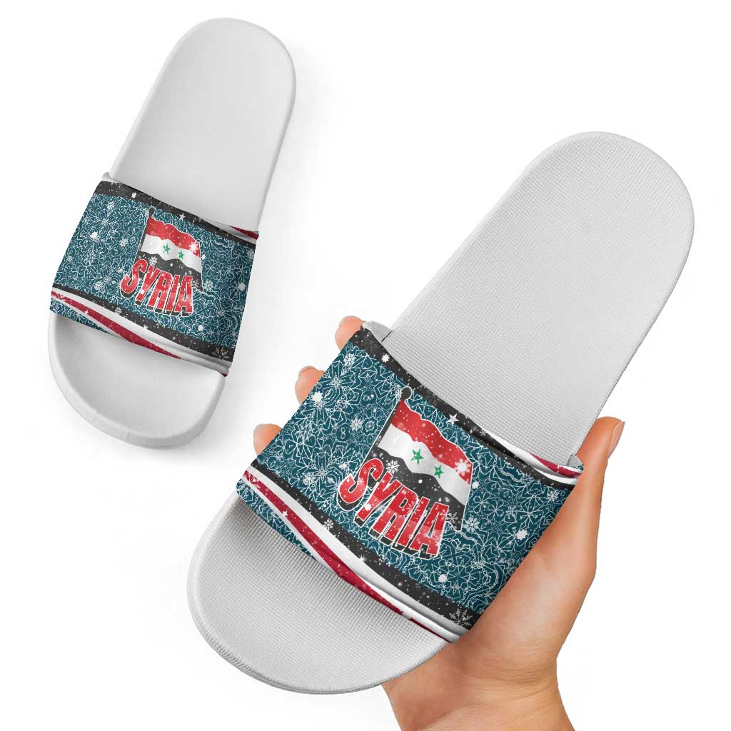 Syria Christmas Slide Sandals with National Flag Motif, Coat of Arms Eagle, and Festive Snowflake Pattern - Wonder Print Shop