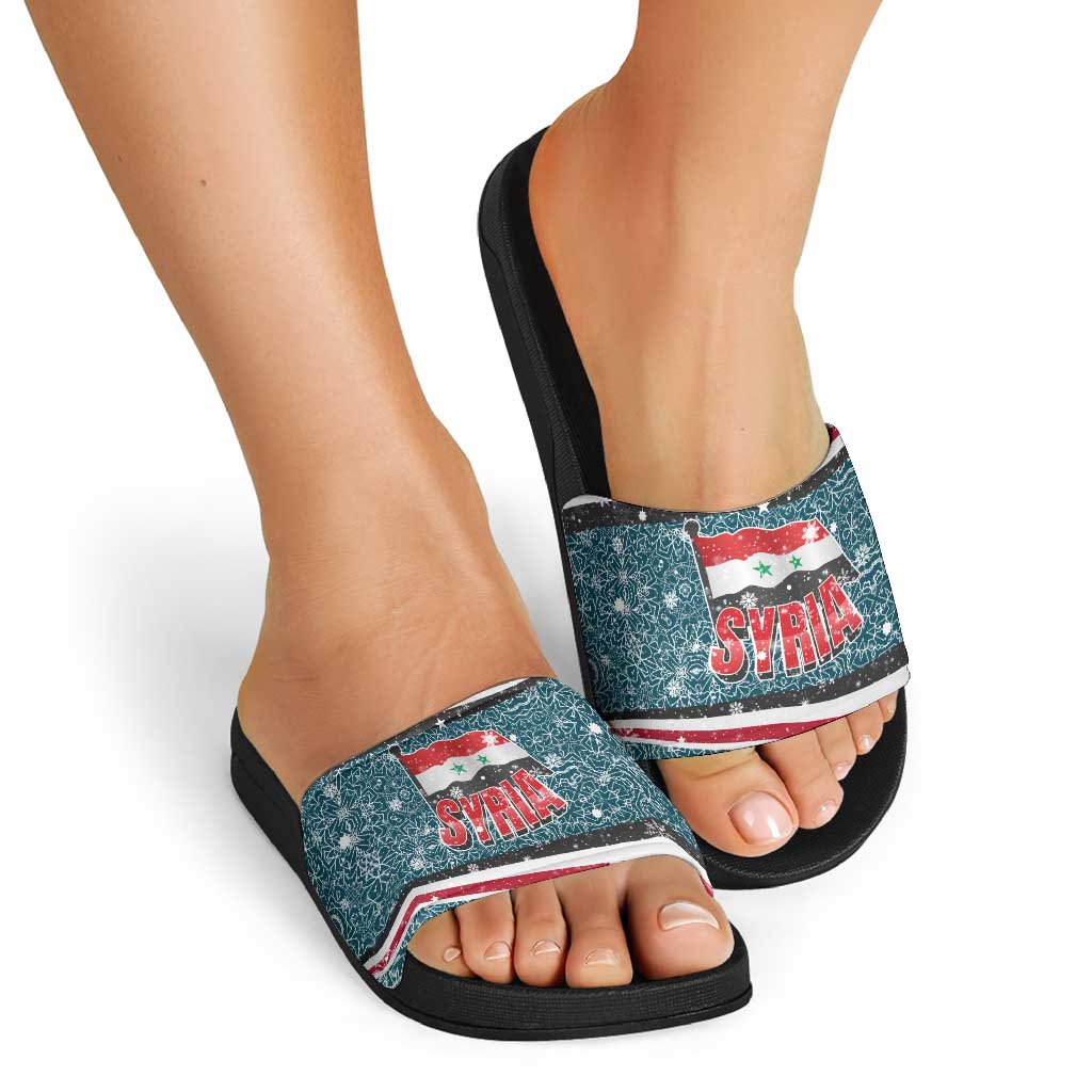 Syria Christmas Slide Sandals with National Flag Motif, Coat of Arms Eagle, and Festive Snowflake Pattern - Wonder Print Shop