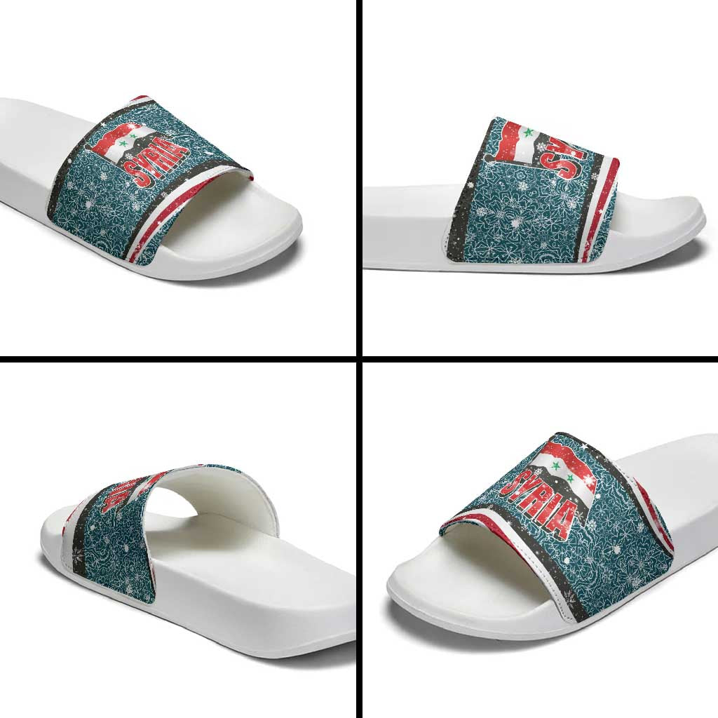Syria Christmas Slide Sandals with National Flag Motif, Coat of Arms Eagle, and Festive Snowflake Pattern - Wonder Print Shop