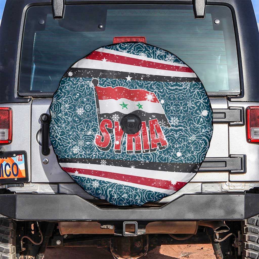 Syria Christmas Spare Tire Cover with National Flag Motif, Coat of Arms Eagle, and Festive Snowflake Pattern - Wonder Print Shop