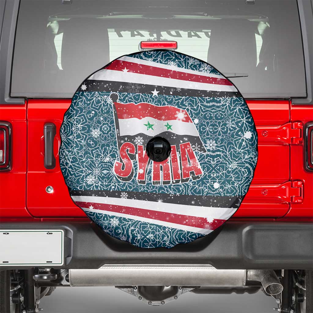 Syria Christmas Spare Tire Cover with National Flag Motif, Coat of Arms Eagle, and Festive Snowflake Pattern - Wonder Print Shop