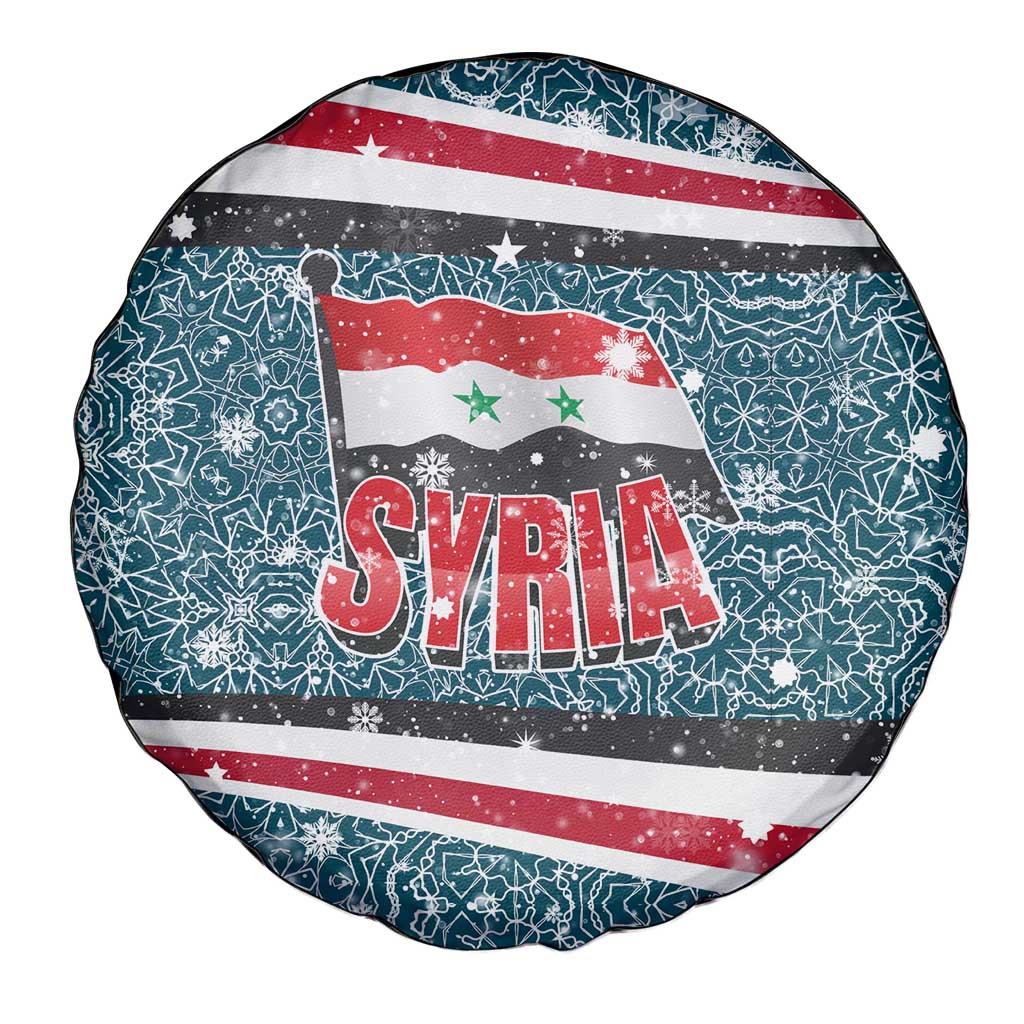 Syria Christmas Spare Tire Cover with National Flag Motif, Coat of Arms Eagle, and Festive Snowflake Pattern - Wonder Print Shop