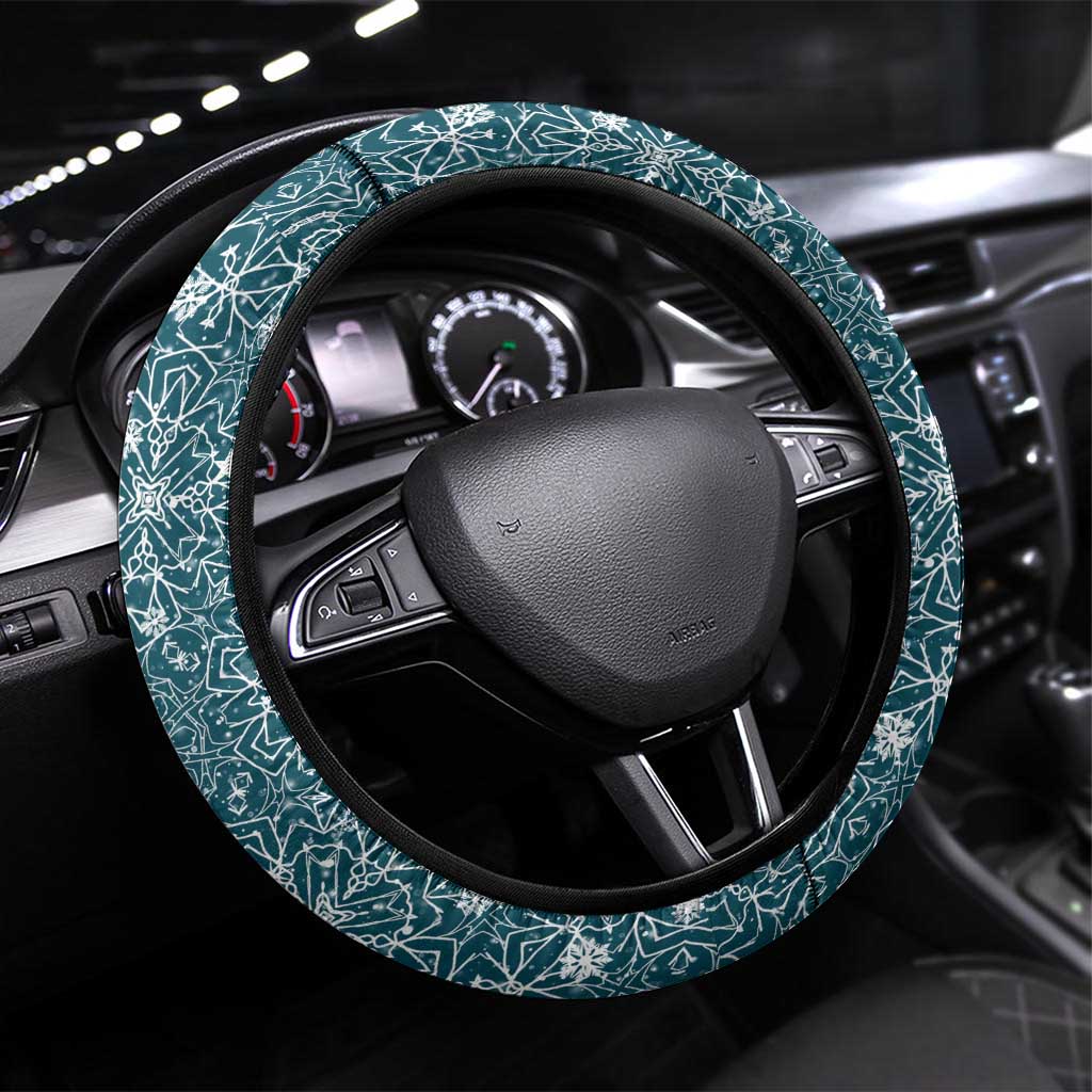 Syria Christmas Steering Wheel Cover with National Flag Motif, Coat of Arms Eagle, and Festive Snowflake Pattern - Wonder Print Shop