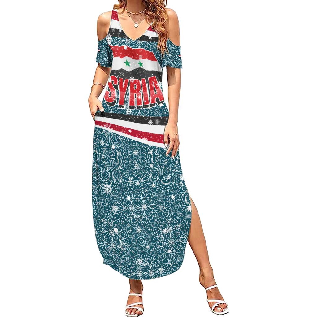 Syria Christmas Summer Maxi Dress with National Flag Motif, Coat of Arms Eagle, and Festive Snowflake Pattern - Wonder Print Shop