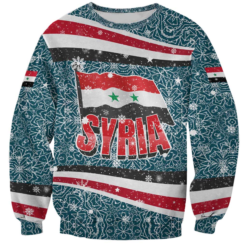 Syria Christmas Sweatshirt with National Flag Motif, Coat of Arms Eagle, and Festive Snowflake Pattern - Wonder Print Shop