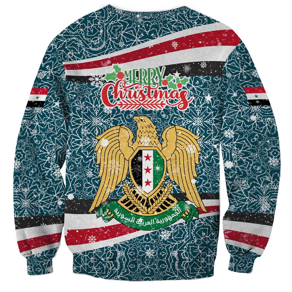 Syria Christmas Sweatshirt with National Flag Motif, Coat of Arms Eagle, and Festive Snowflake Pattern - Wonder Print Shop