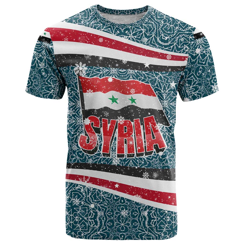 Syria Christmas T Shirt with National Flag Motif, Coat of Arms Eagle, and Festive Snowflake Pattern - Wonder Print Shop