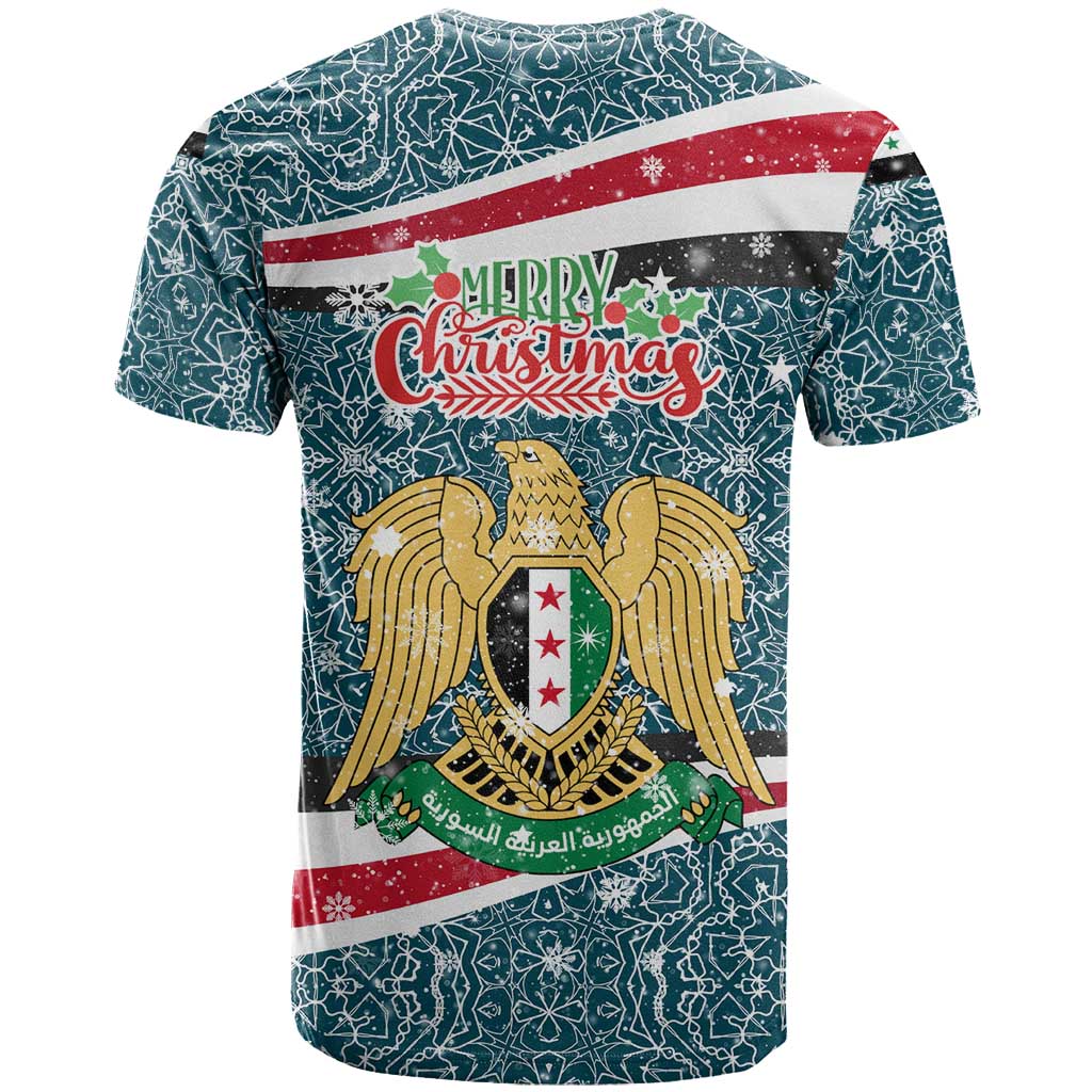 Syria Christmas T Shirt with National Flag Motif, Coat of Arms Eagle, and Festive Snowflake Pattern - Wonder Print Shop