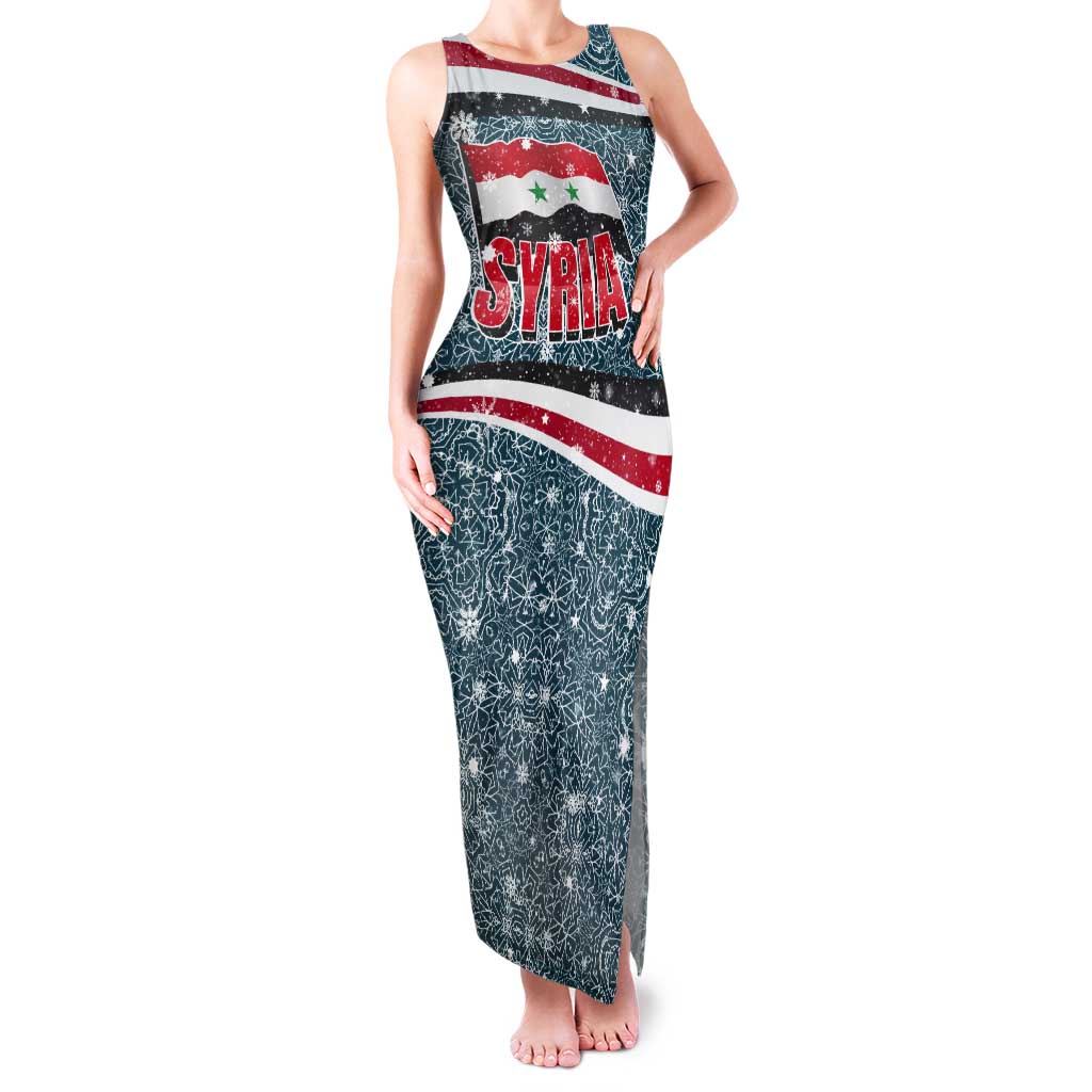Syria Christmas Tank Maxi Dress with National Flag Motif, Coat of Arms Eagle, and Festive Snowflake Pattern - Wonder Print Shop