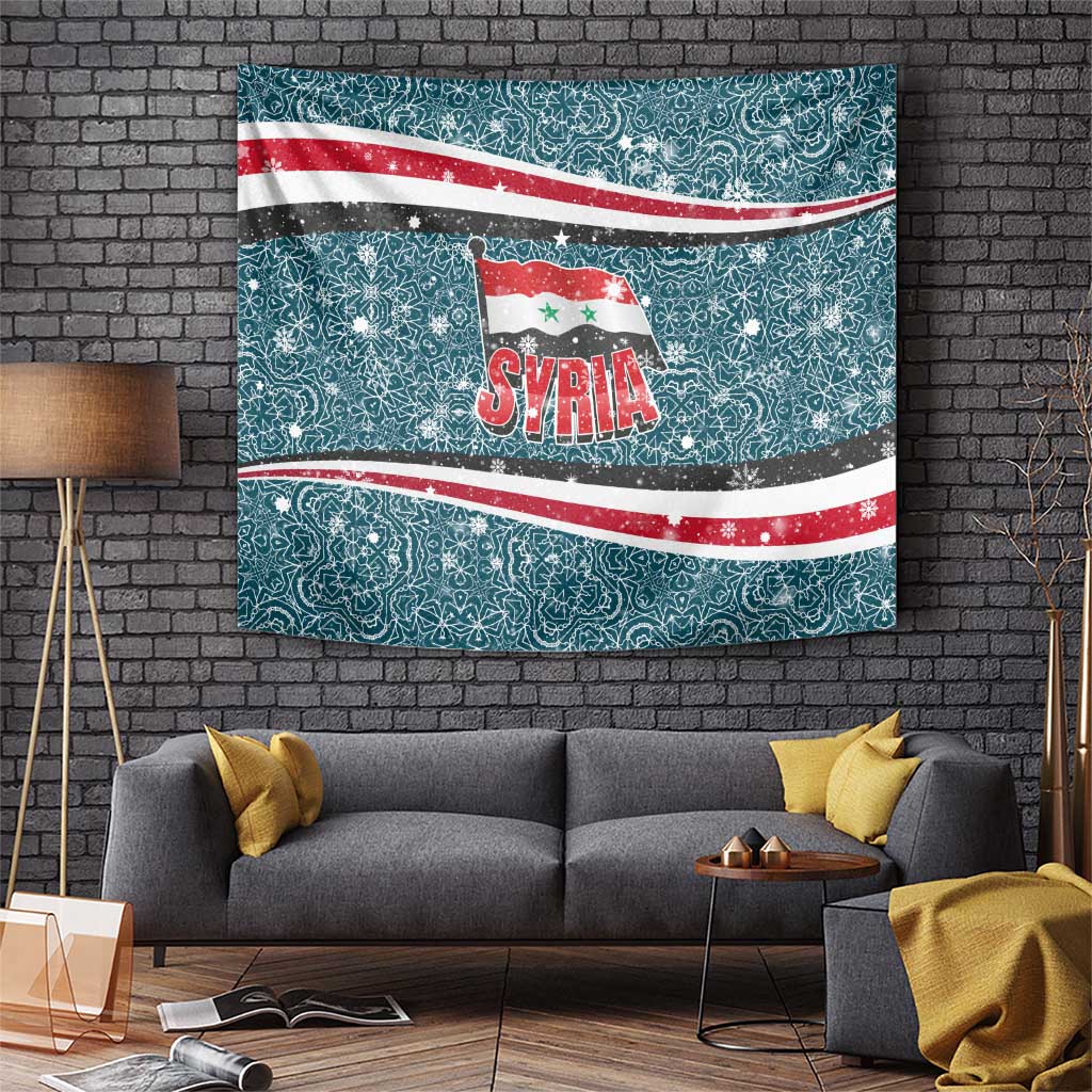 Syria Christmas Tapestry with National Flag Motif, Coat of Arms Eagle, and Festive Snowflake Pattern - Wonder Print Shop