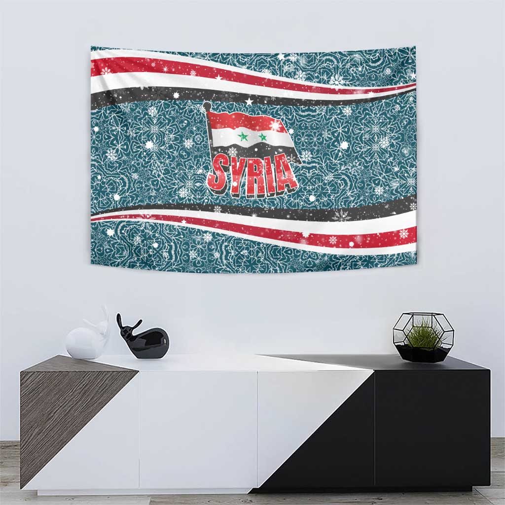 Syria Christmas Tapestry with National Flag Motif, Coat of Arms Eagle, and Festive Snowflake Pattern - Wonder Print Shop