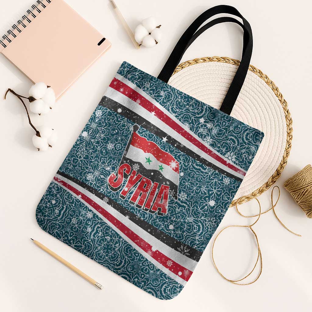 Syria Christmas Tote Bag with National Flag Motif, Coat of Arms Eagle, and Festive Snowflake Pattern - Wonder Print Shop