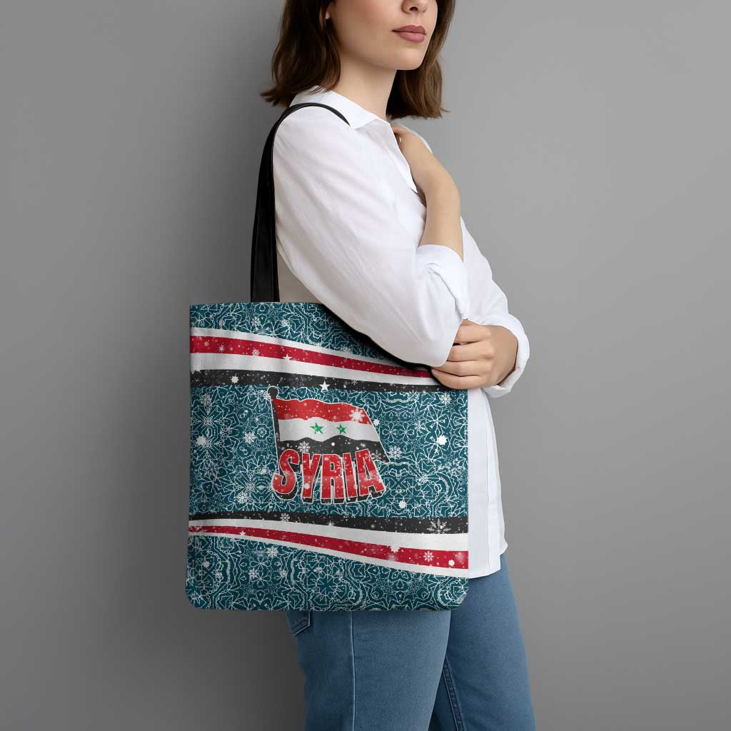 Syria Christmas Tote Bag with National Flag Motif, Coat of Arms Eagle, and Festive Snowflake Pattern - Wonder Print Shop