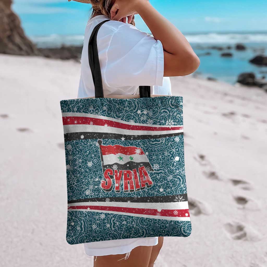 Syria Christmas Tote Bag with National Flag Motif, Coat of Arms Eagle, and Festive Snowflake Pattern - Wonder Print Shop