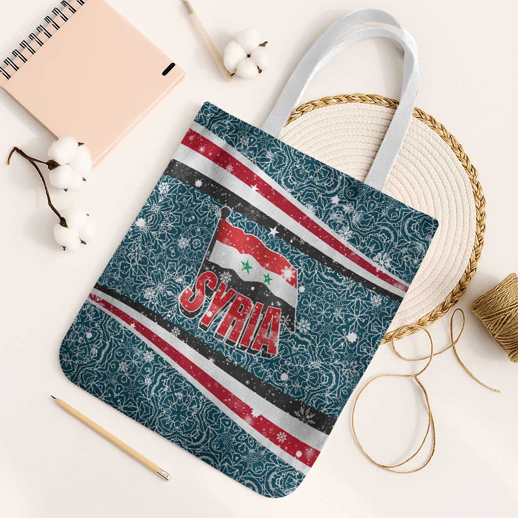 Syria Christmas Tote Bag with National Flag Motif, Coat of Arms Eagle, and Festive Snowflake Pattern - Wonder Print Shop