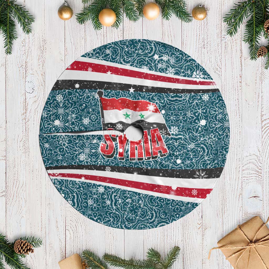 Syria Christmas Tree Skirt with National Flag Motif, Coat of Arms Eagle, and Festive Snowflake Pattern - Wonder Print Shop
