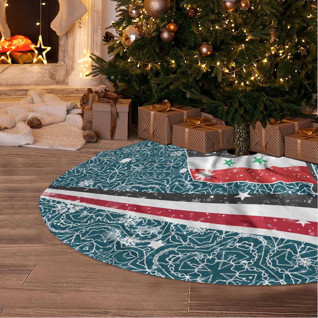Syria Christmas Tree Skirt with National Flag Motif, Coat of Arms Eagle, and Festive Snowflake Pattern - Wonder Print Shop