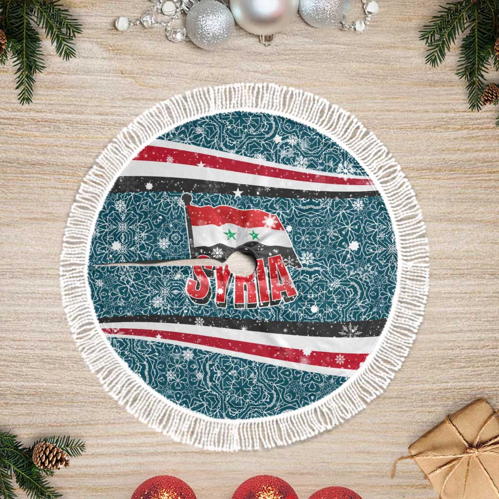 Syria Christmas Tree Skirt with National Flag Motif, Coat of Arms Eagle, and Festive Snowflake Pattern - Wonder Print Shop