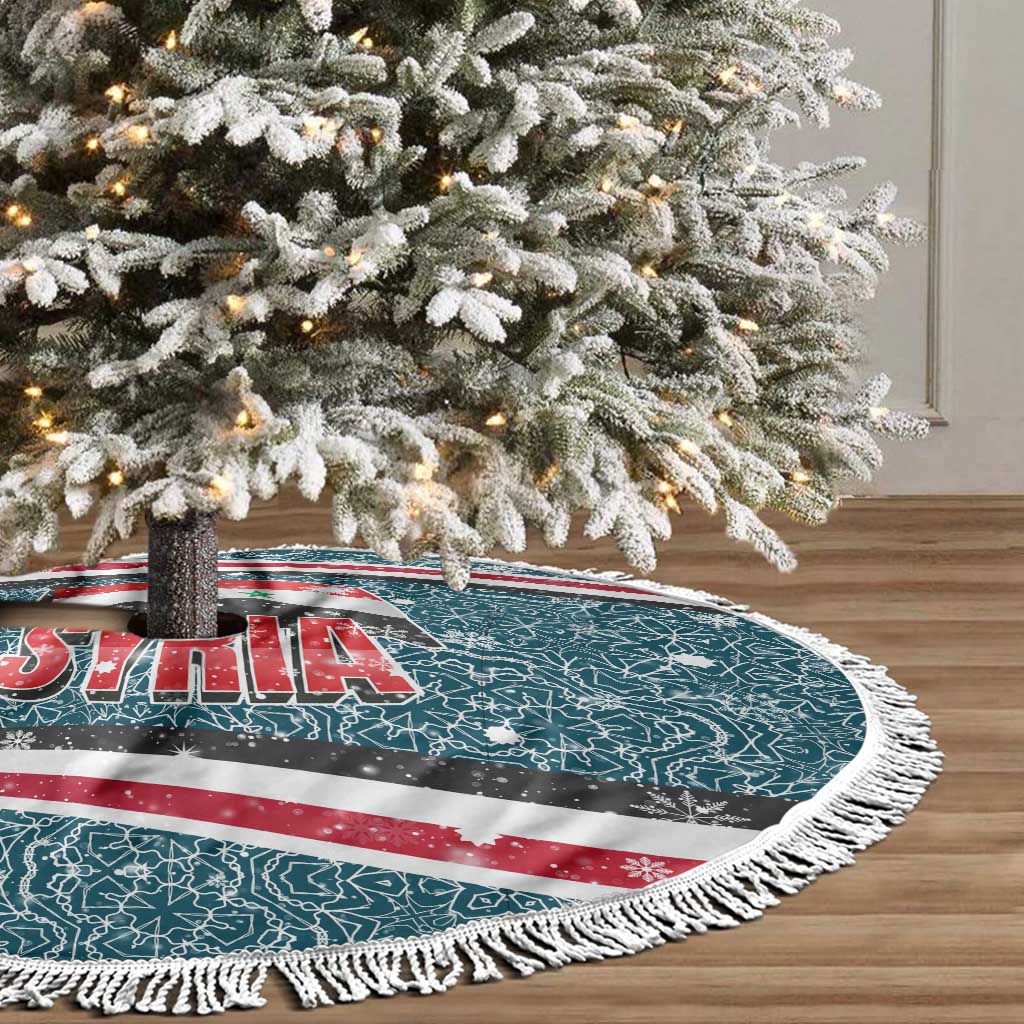 Syria Christmas Tree Skirt with National Flag Motif, Coat of Arms Eagle, and Festive Snowflake Pattern - Wonder Print Shop