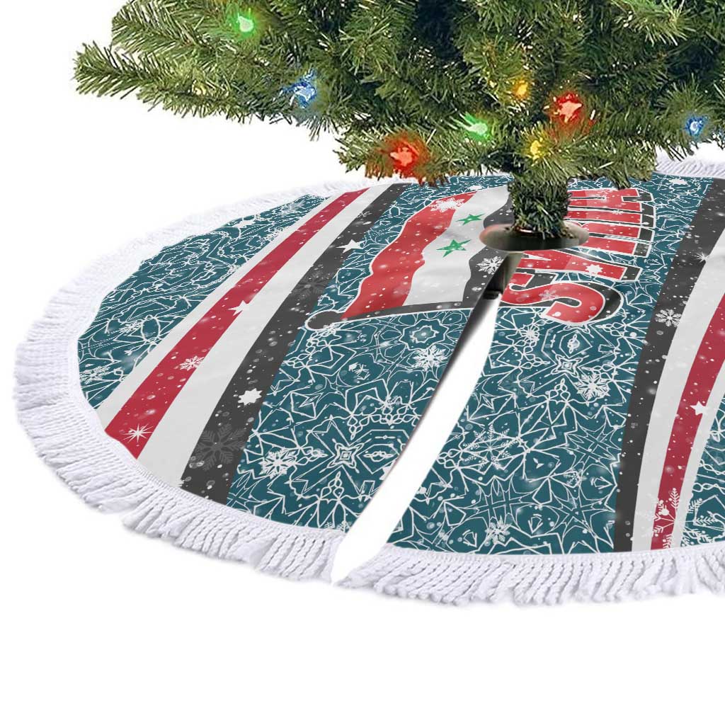 Syria Christmas Tree Skirt with National Flag Motif, Coat of Arms Eagle, and Festive Snowflake Pattern - Wonder Print Shop