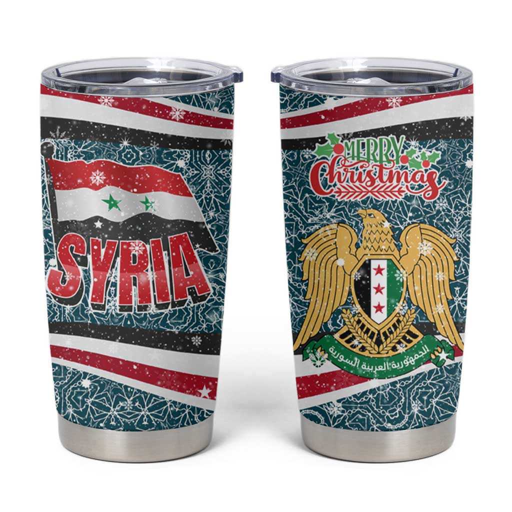 Syria Christmas Tumbler Cup with National Flag Motif, Coat of Arms Eagle, and Festive Snowflake Pattern - Wonder Print Shop