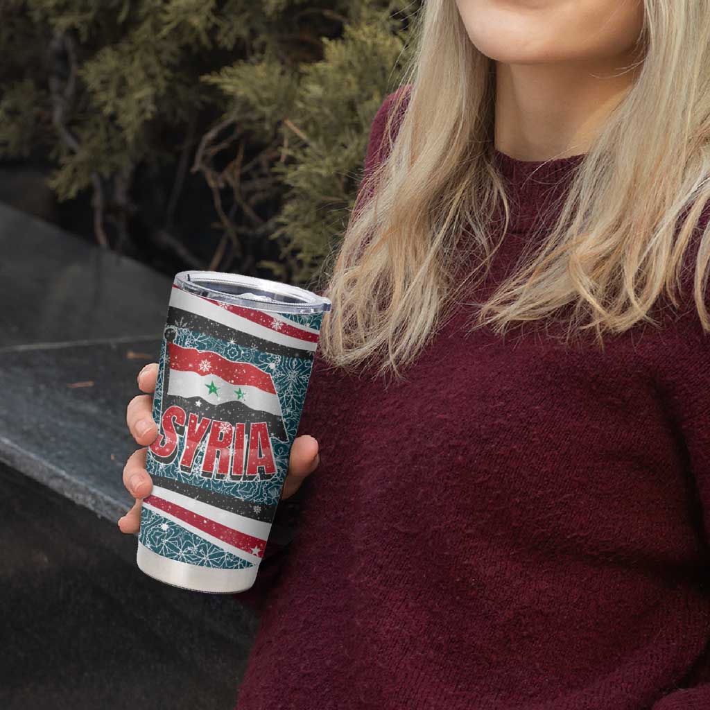Syria Christmas Tumbler Cup with National Flag Motif, Coat of Arms Eagle, and Festive Snowflake Pattern - Wonder Print Shop