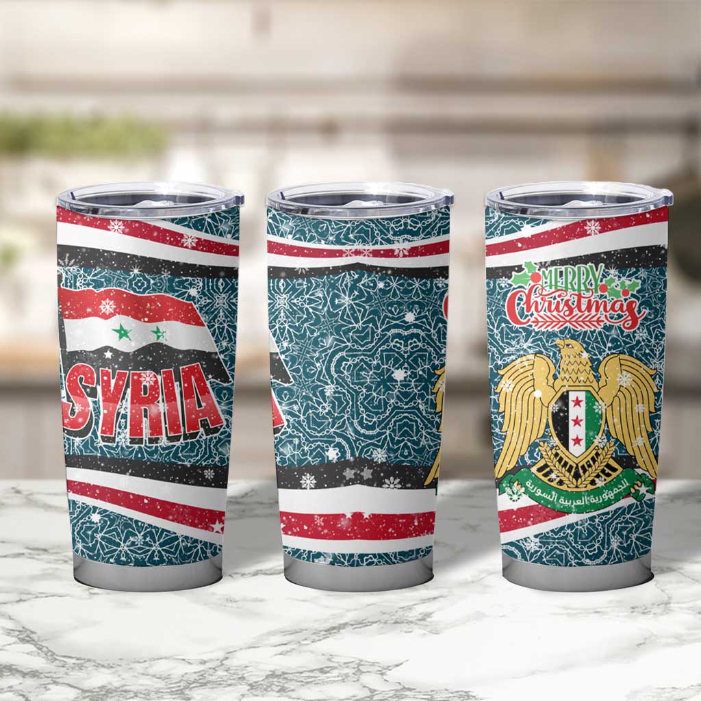 Syria Christmas Tumbler Cup with National Flag Motif, Coat of Arms Eagle, and Festive Snowflake Pattern - Wonder Print Shop