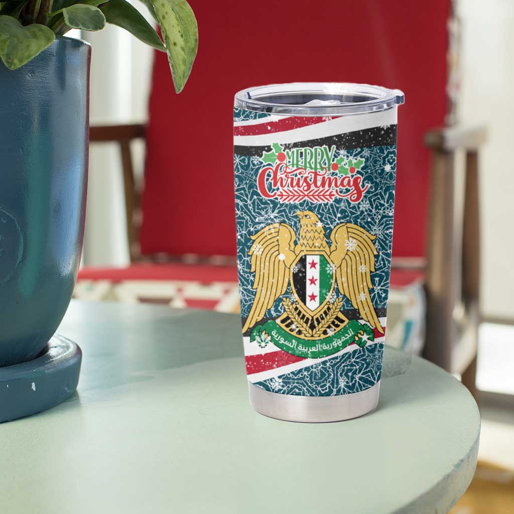 Syria Christmas Tumbler Cup with National Flag Motif, Coat of Arms Eagle, and Festive Snowflake Pattern - Wonder Print Shop
