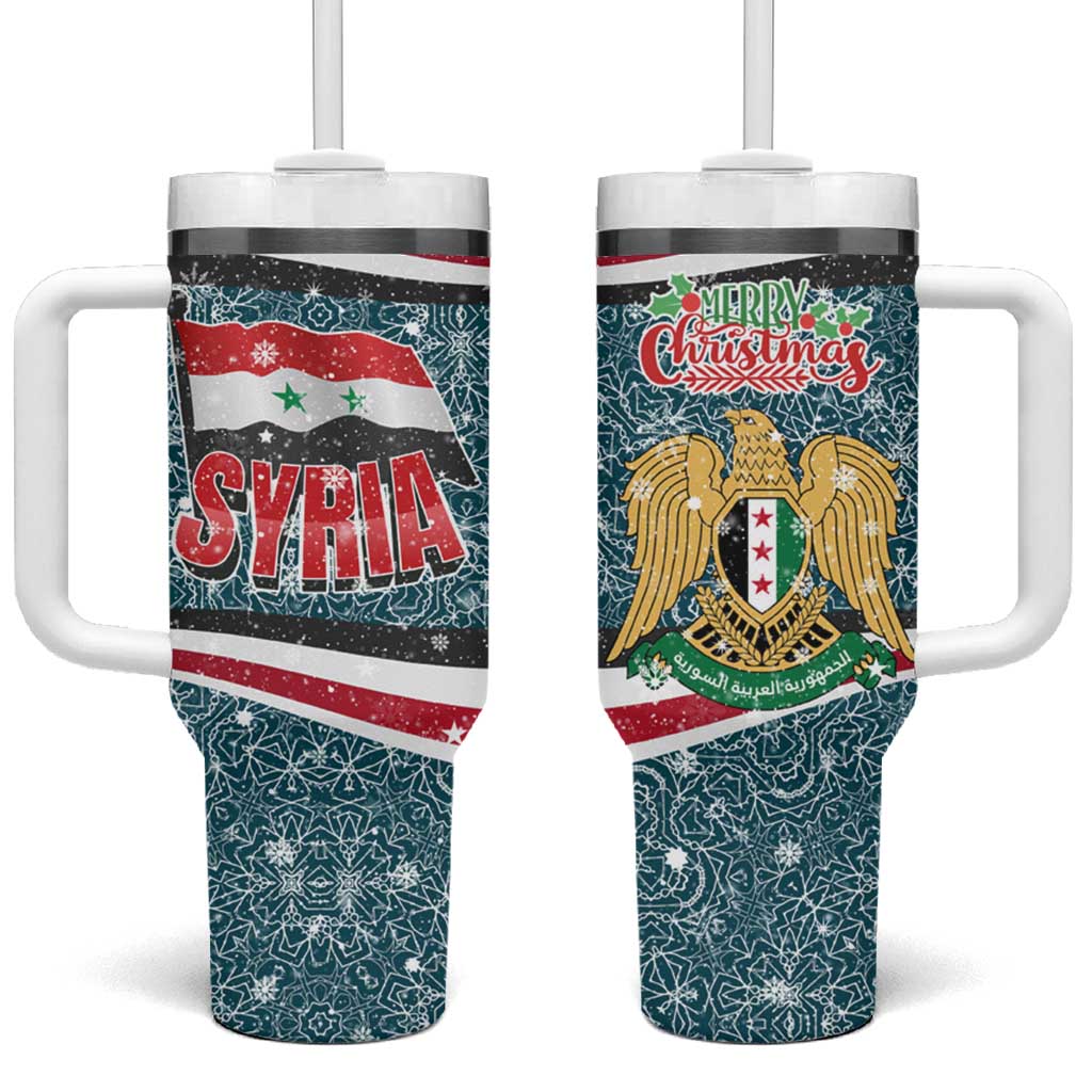 Syria Christmas Tumbler With Handle with National Flag Motif, Coat of Arms Eagle, and Festive Snowflake Pattern - Wonder Print Shop