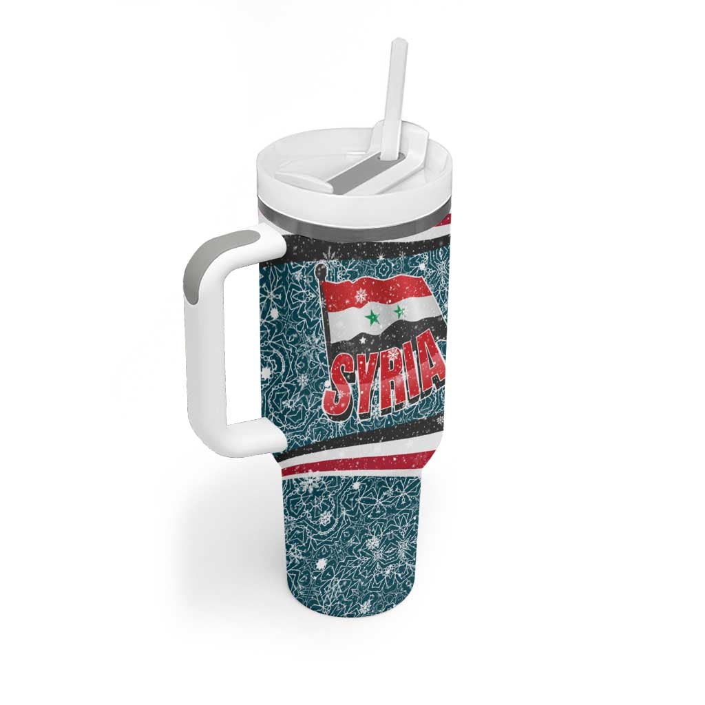Syria Christmas Tumbler With Handle with National Flag Motif, Coat of Arms Eagle, and Festive Snowflake Pattern - Wonder Print Shop