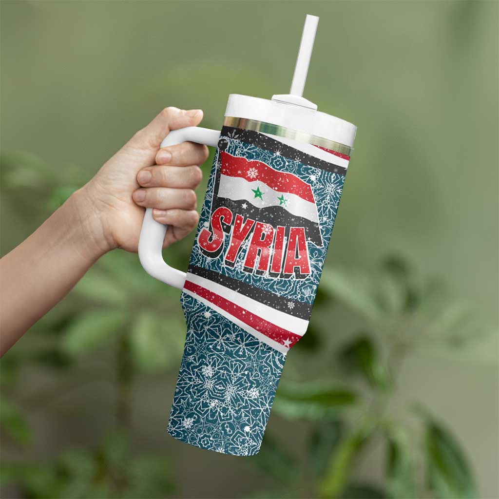 Syria Christmas Tumbler With Handle with National Flag Motif, Coat of Arms Eagle, and Festive Snowflake Pattern - Wonder Print Shop