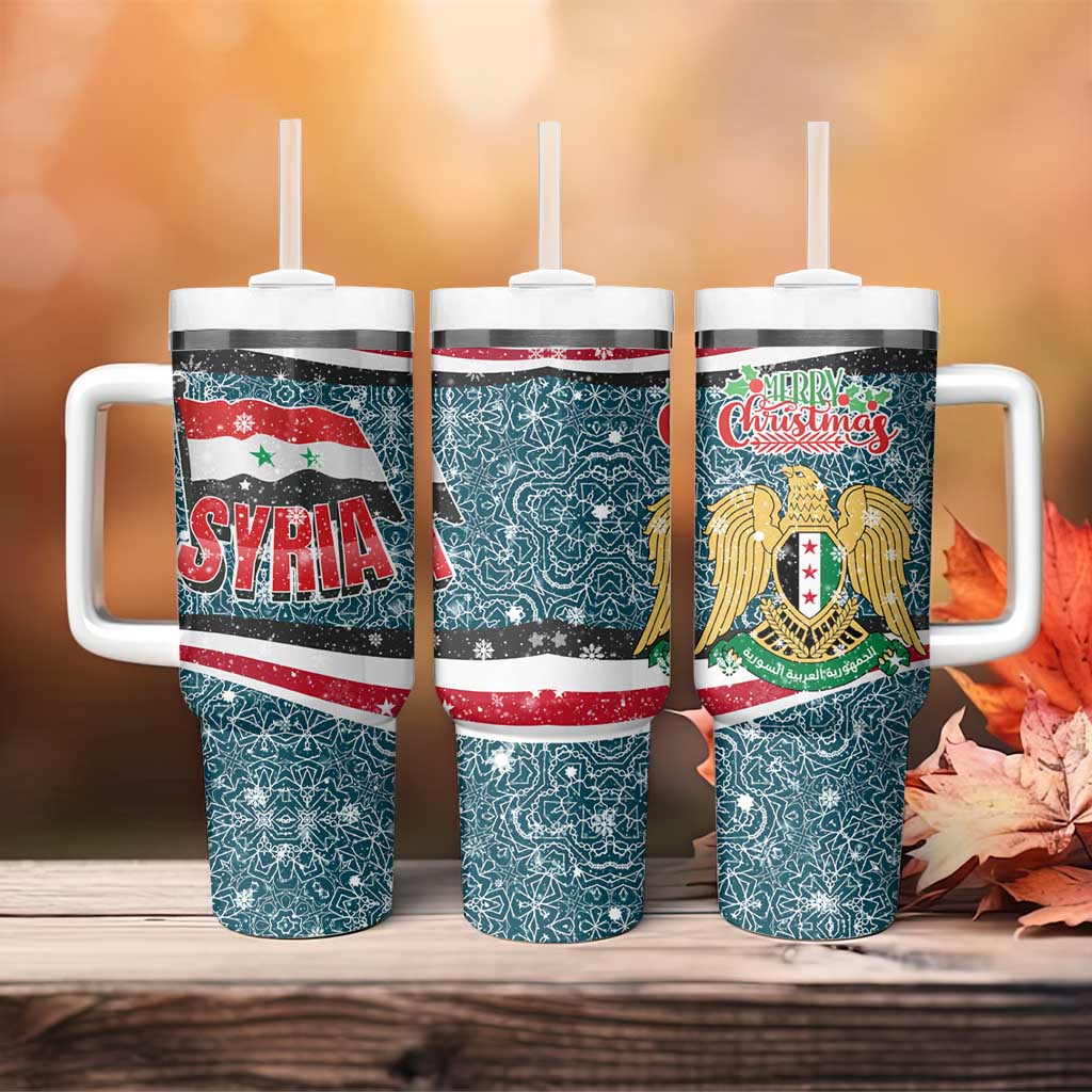 Syria Christmas Tumbler With Handle with National Flag Motif, Coat of Arms Eagle, and Festive Snowflake Pattern - Wonder Print Shop