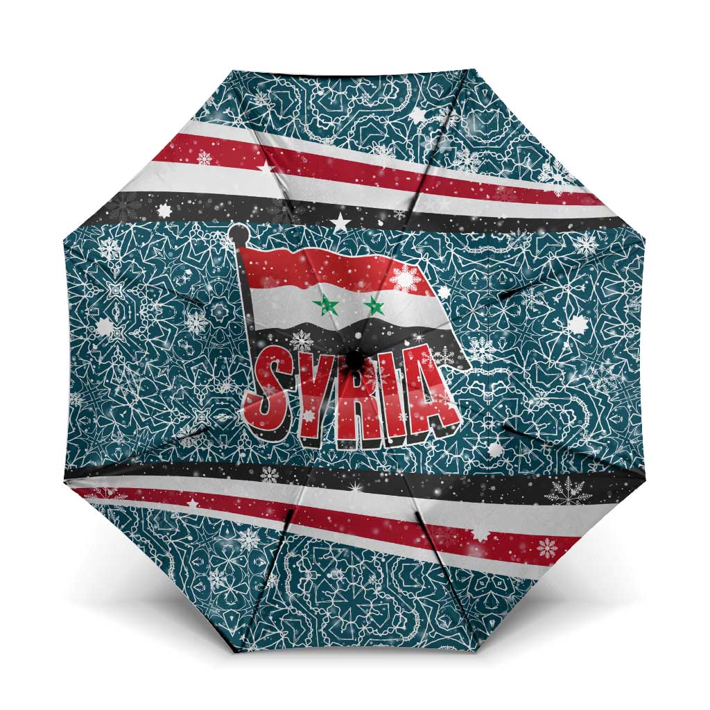 Syria Christmas Umbrella with National Flag Motif, Coat of Arms Eagle, and Festive Snowflake Pattern - Wonder Print Shop
