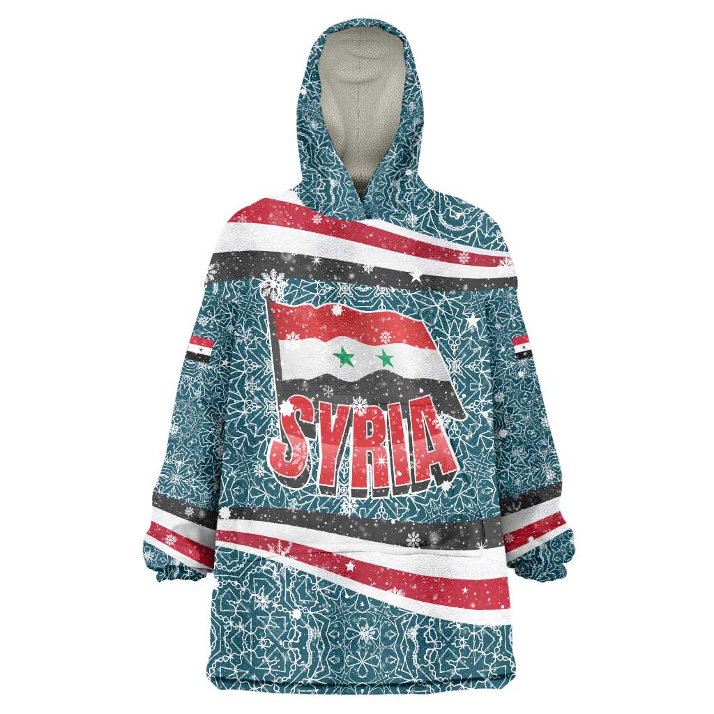 Syria Christmas Wearable Blanket Hoodie with National Flag Motif, Coat of Arms Eagle, and Festive Snowflake Pattern - Wonder Print Shop