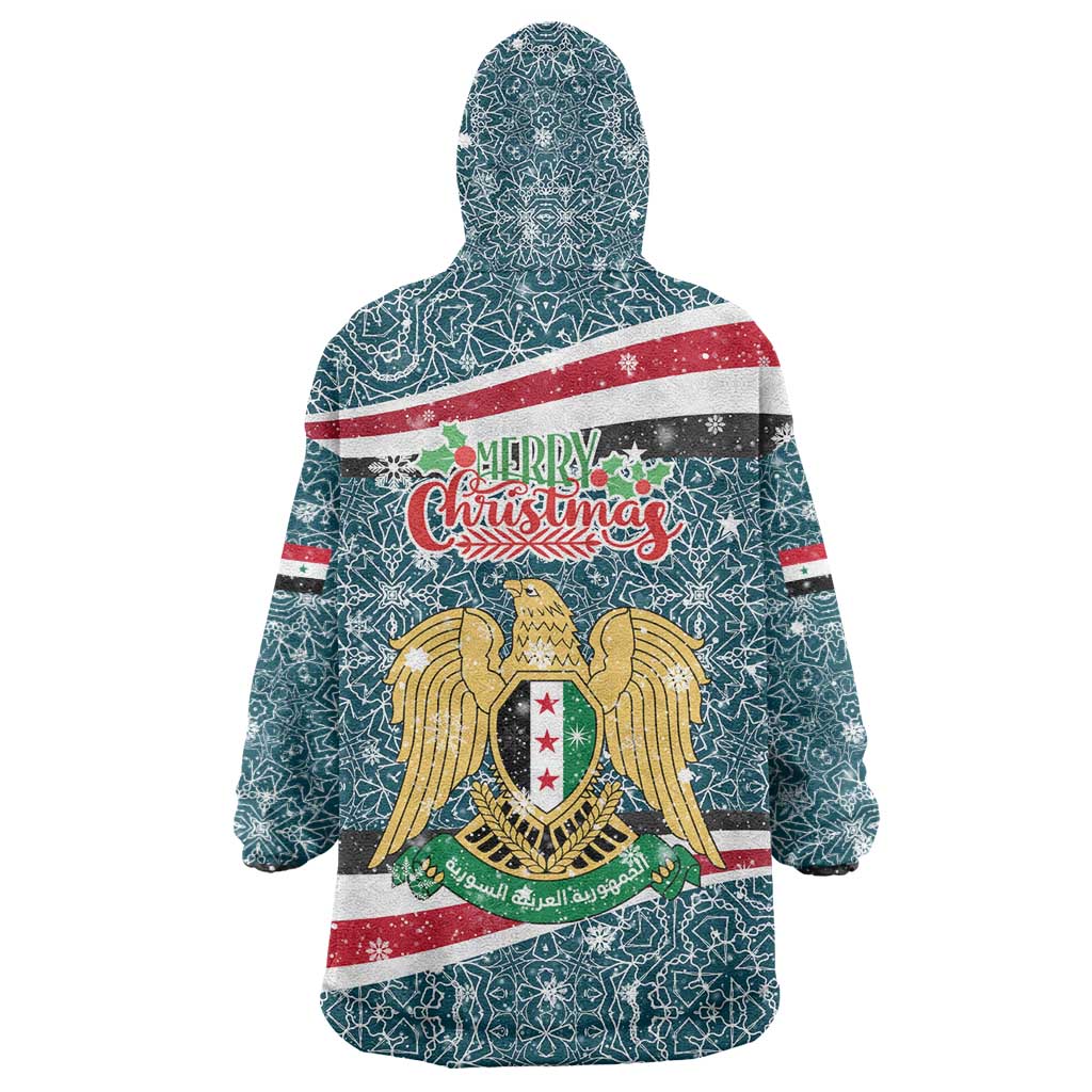 Syria Christmas Wearable Blanket Hoodie with National Flag Motif, Coat of Arms Eagle, and Festive Snowflake Pattern - Wonder Print Shop
