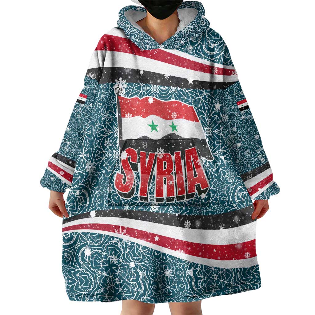 Syria Christmas Wearable Blanket Hoodie with National Flag Motif, Coat of Arms Eagle, and Festive Snowflake Pattern - Wonder Print Shop