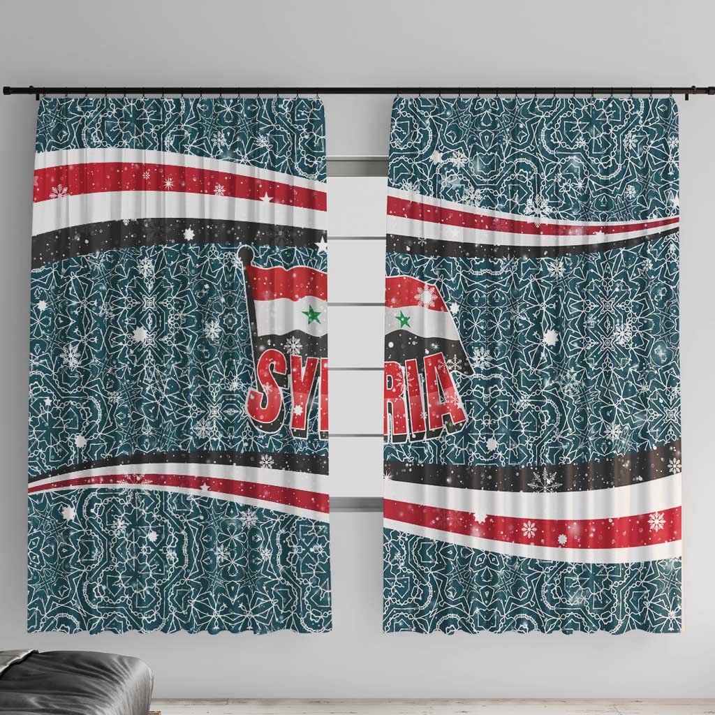 Syria Christmas Window Curtain with National Flag Motif, Coat of Arms Eagle, and Festive Snowflake Pattern - Wonder Print Shop