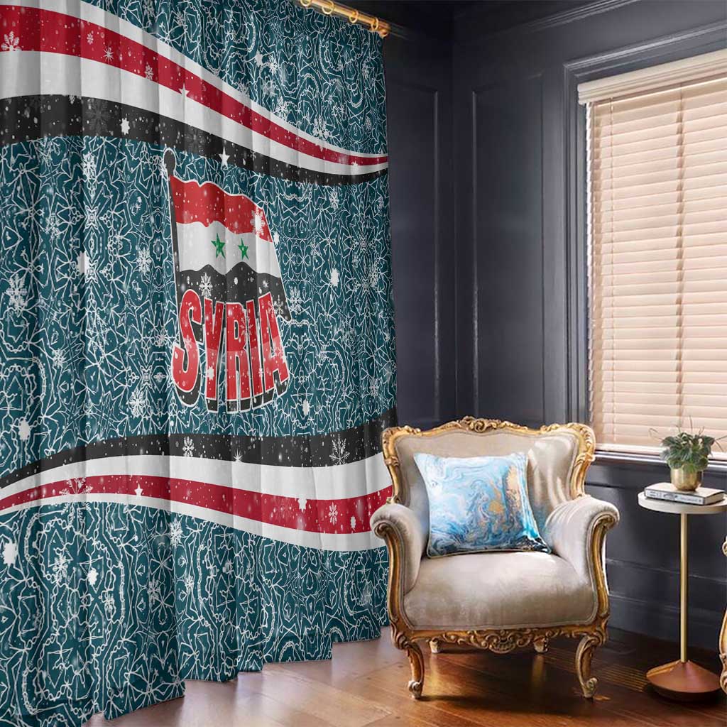 Syria Christmas Window Curtain with National Flag Motif, Coat of Arms Eagle, and Festive Snowflake Pattern - Wonder Print Shop