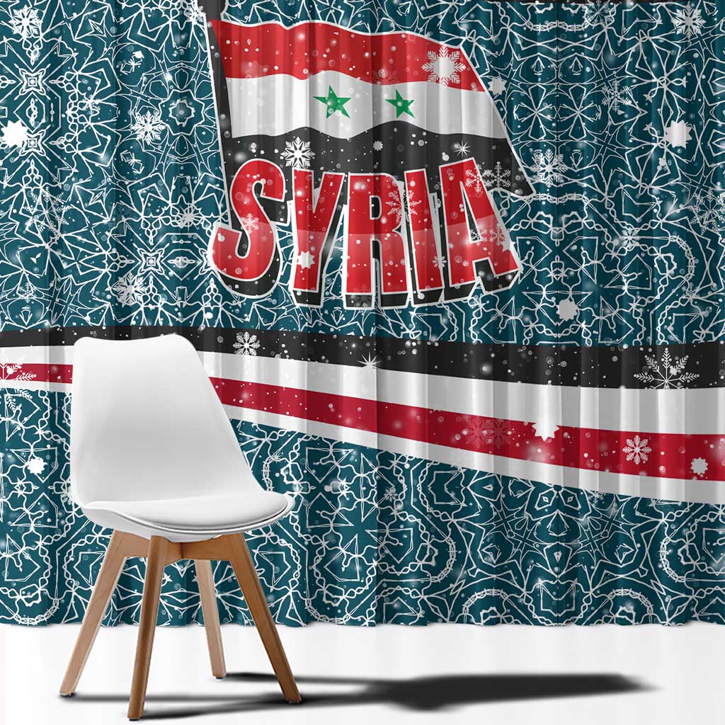 Syria Christmas Window Curtain with National Flag Motif, Coat of Arms Eagle, and Festive Snowflake Pattern - Wonder Print Shop