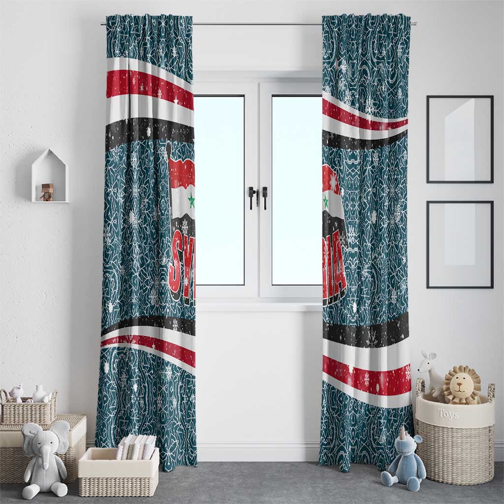 Syria Christmas Window Curtain with National Flag Motif, Coat of Arms Eagle, and Festive Snowflake Pattern - Wonder Print Shop
