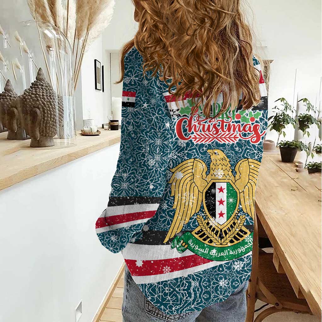 Syria Christmas Women Casual Shirt with National Flag Motif, Coat of Arms Eagle, and Festive Snowflake Pattern - Wonder Print Shop