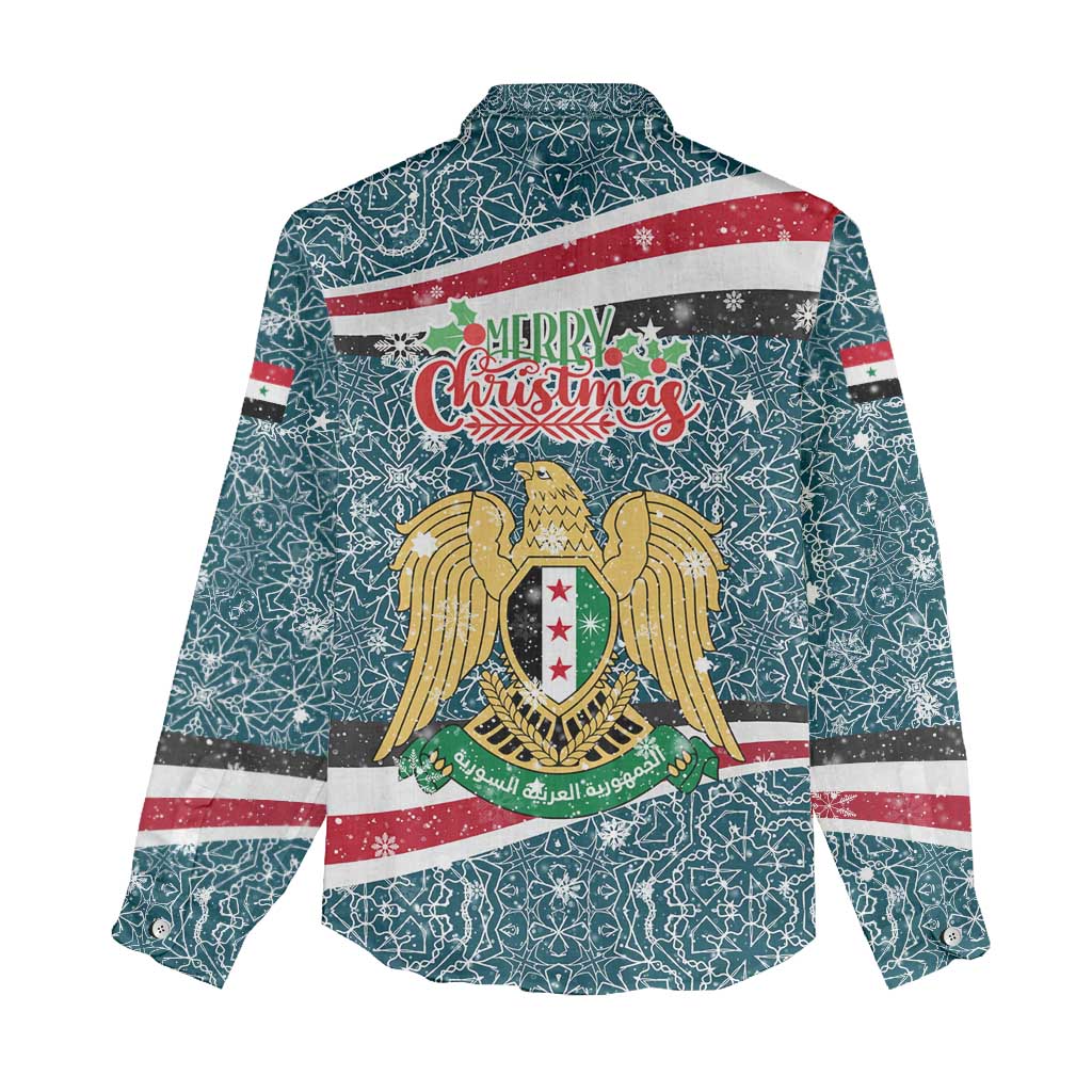 Syria Christmas Women Casual Shirt with National Flag Motif, Coat of Arms Eagle, and Festive Snowflake Pattern - Wonder Print Shop