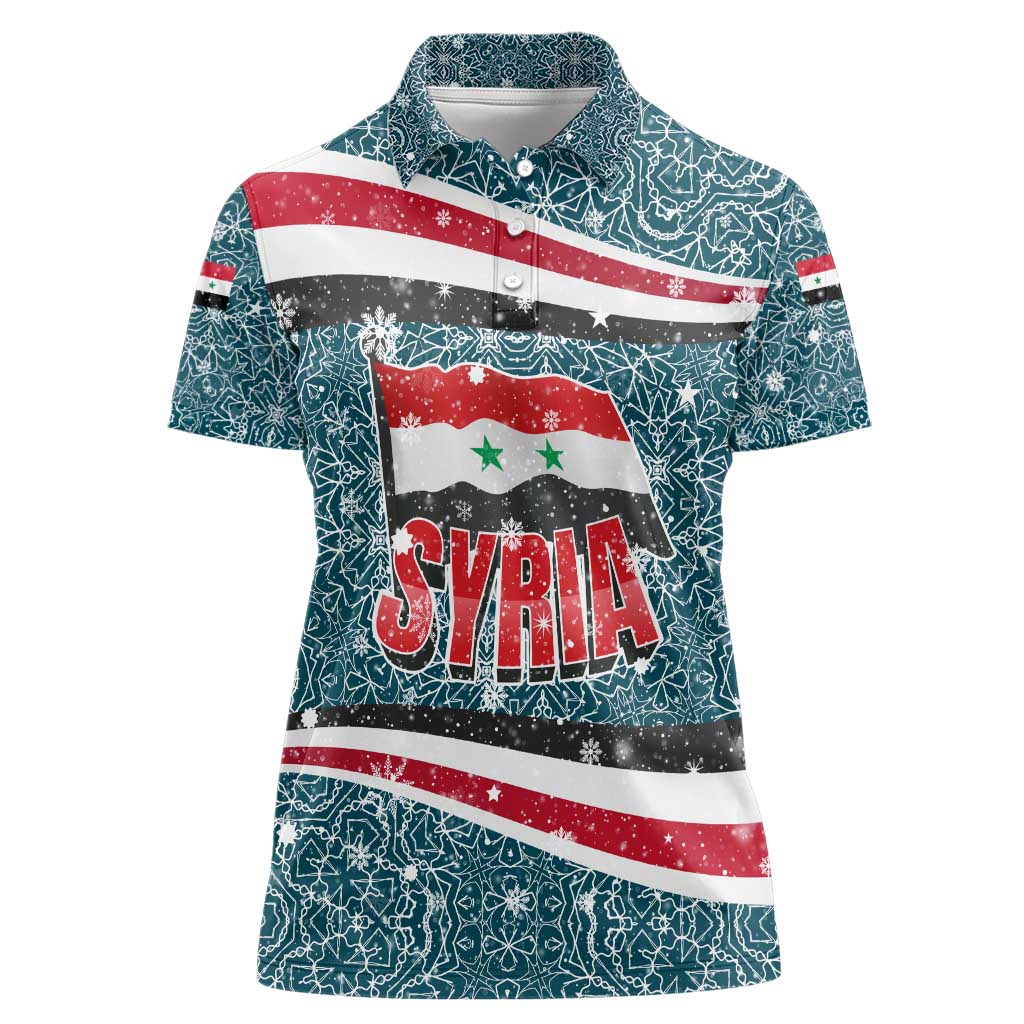 Syria Christmas Women Polo Shirt with National Flag Motif, Coat of Arms Eagle, and Festive Snowflake Pattern - Wonder Print Shop