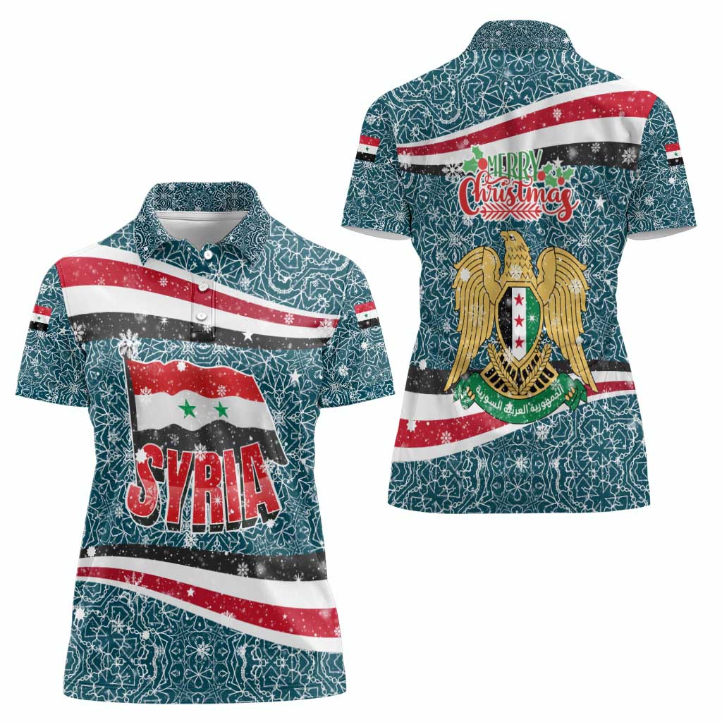 Syria Christmas Women Polo Shirt with National Flag Motif, Coat of Arms Eagle, and Festive Snowflake Pattern - Wonder Print Shop
