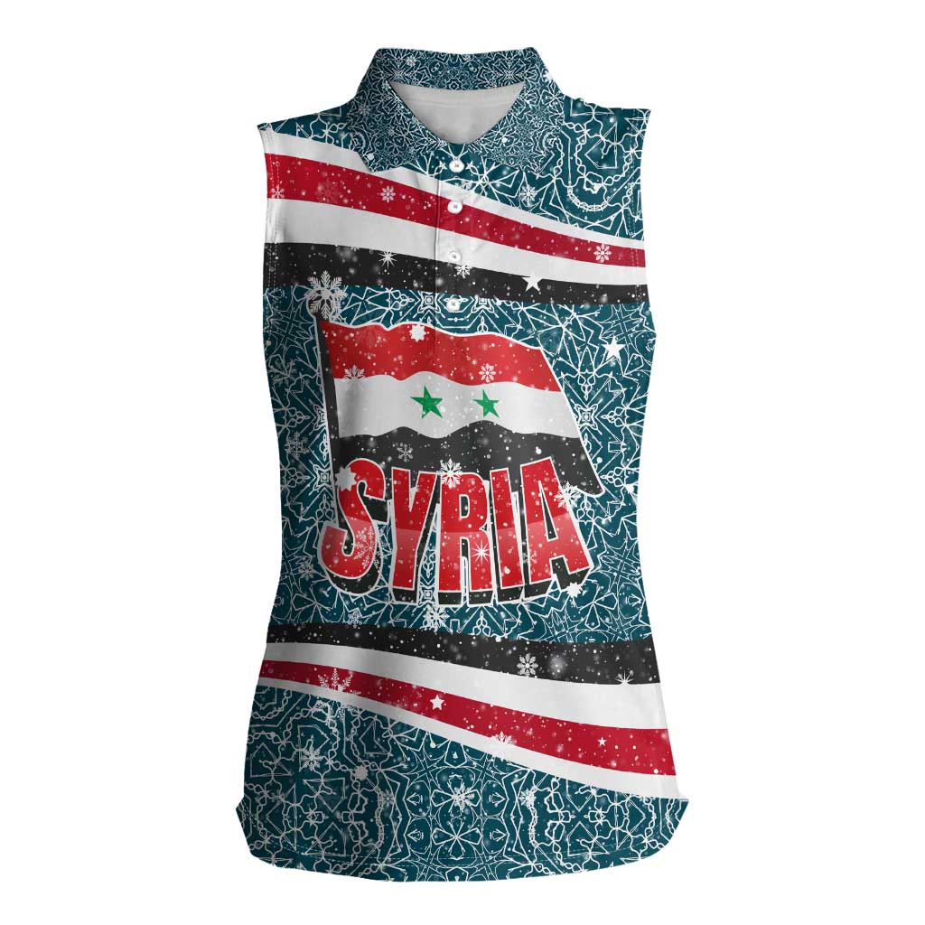 Syria Christmas Women Sleeveless Polo Shirt with National Flag Motif, Coat of Arms Eagle, and Festive Snowflake Pattern - Wonder Print Shop