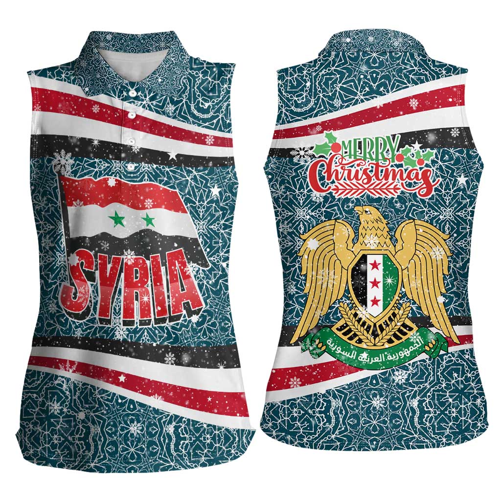 Syria Christmas Women Sleeveless Polo Shirt with National Flag Motif, Coat of Arms Eagle, and Festive Snowflake Pattern - Wonder Print Shop
