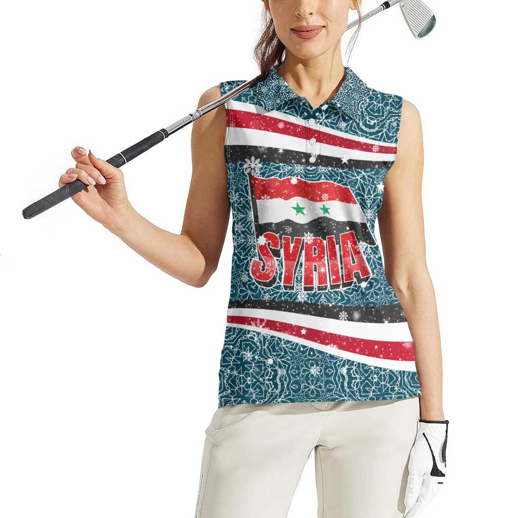 Syria Christmas Women Sleeveless Polo Shirt with National Flag Motif, Coat of Arms Eagle, and Festive Snowflake Pattern - Wonder Print Shop