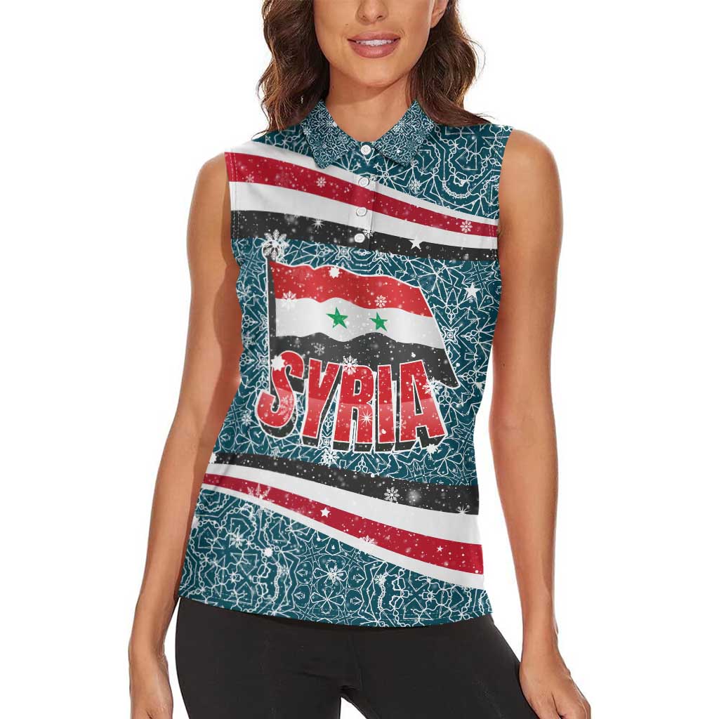Syria Christmas Women Sleeveless Polo Shirt with National Flag Motif, Coat of Arms Eagle, and Festive Snowflake Pattern - Wonder Print Shop