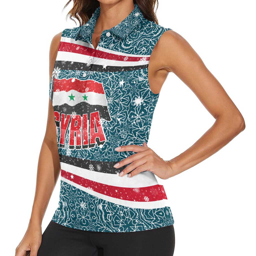 Syria Christmas Women Sleeveless Polo Shirt with National Flag Motif, Coat of Arms Eagle, and Festive Snowflake Pattern - Wonder Print Shop