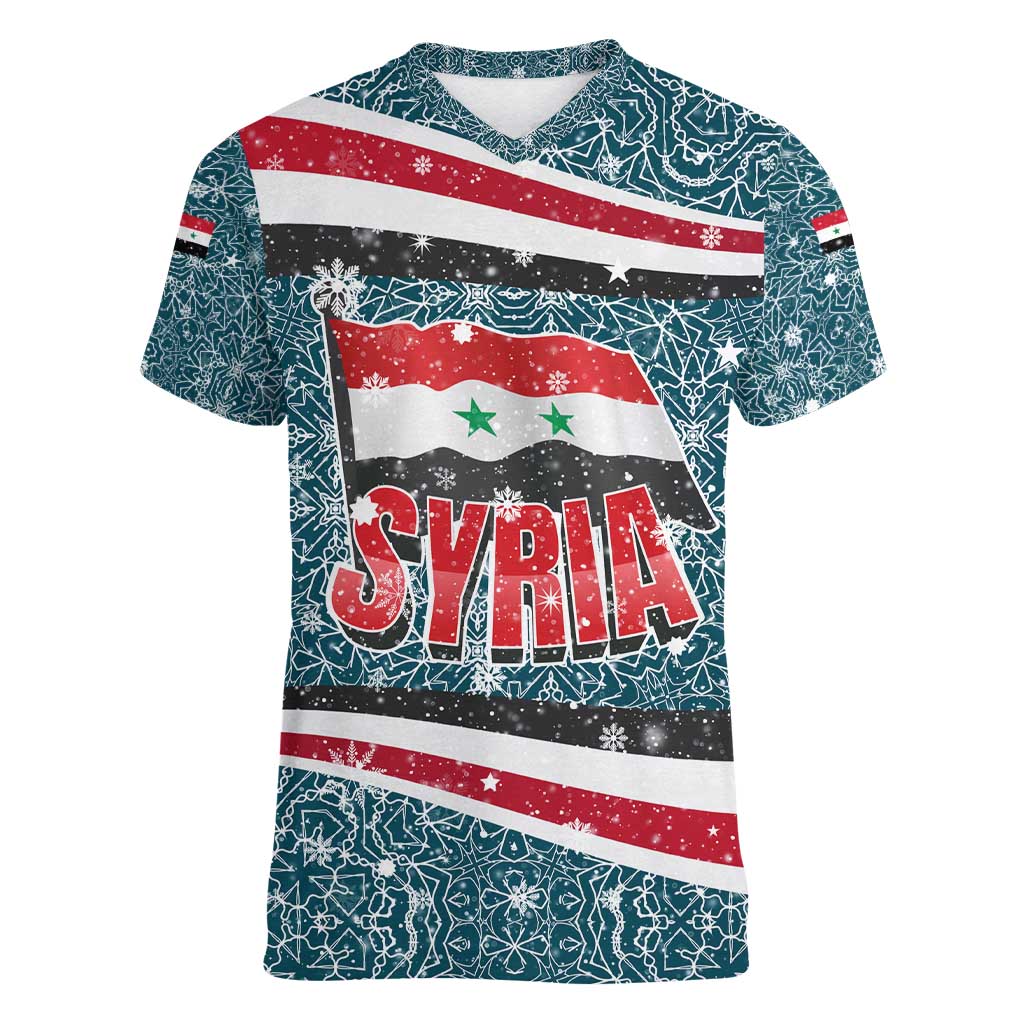 Syria Christmas Women V-Neck T-Shirt with National Flag Motif, Coat of Arms Eagle, and Festive Snowflake Pattern - Wonder Print Shop